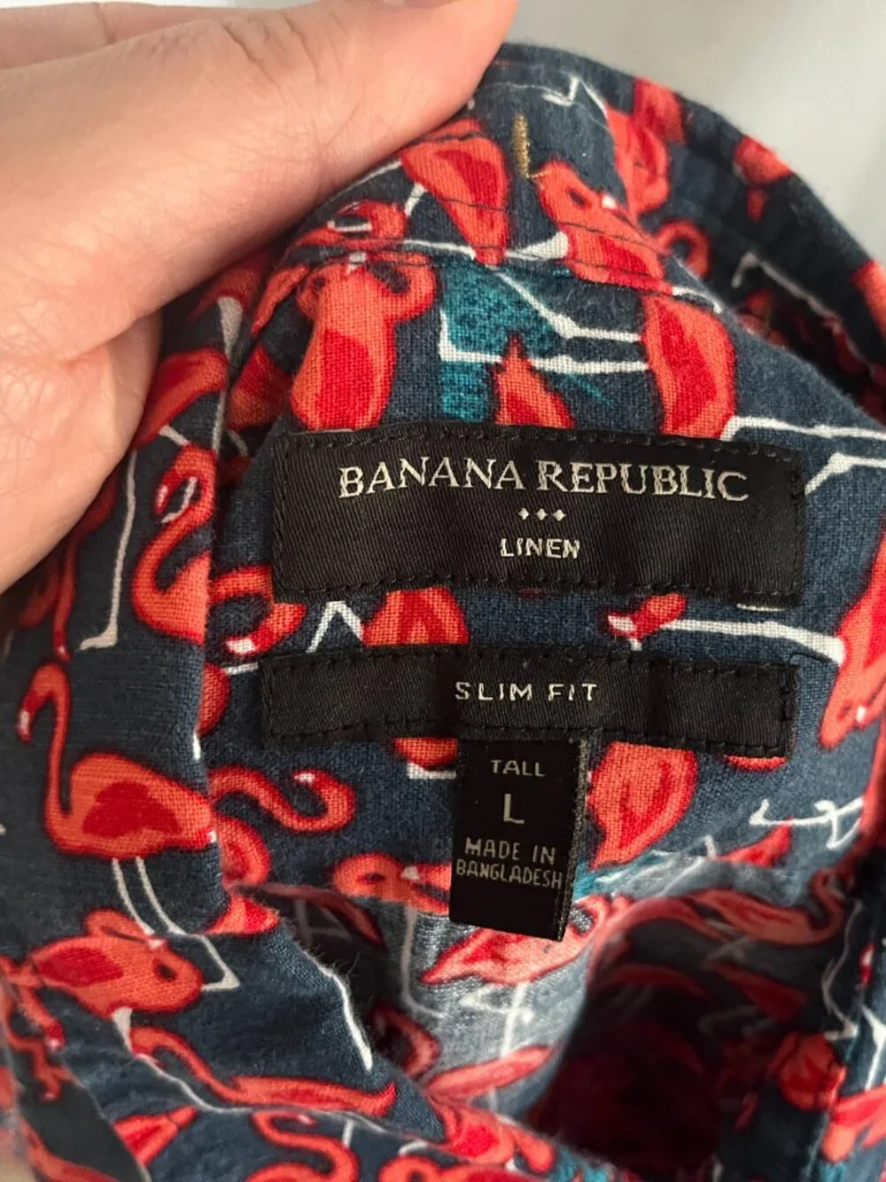 Banana Republic 🦩 Men's LT Blue Pink Flamingo Linen Slim Fit Shirt 🔥
